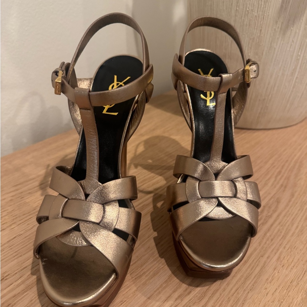 Saint Laurent Metallic Bronze Braided T-Strap Platform Sandals